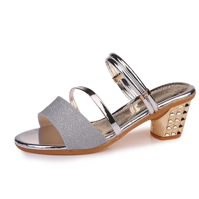 Women peep toe strap slide sequin chunky heels