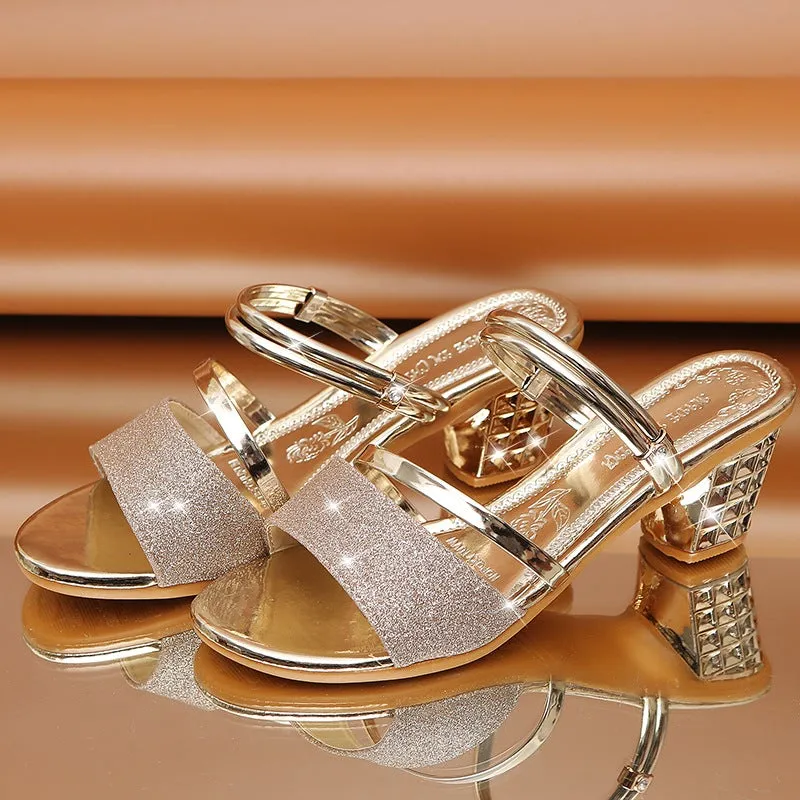 Women peep toe strap slide sequin chunky heels