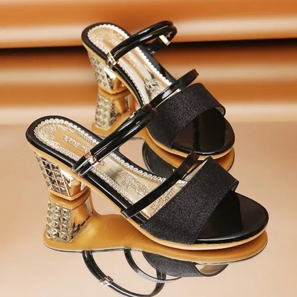 Women peep toe strap slide sequin chunky heels