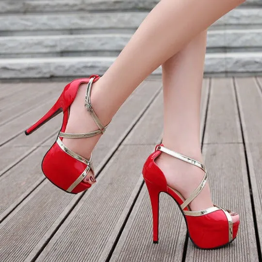 Women platform peep toe criss cross buckle strap stiletto high heels