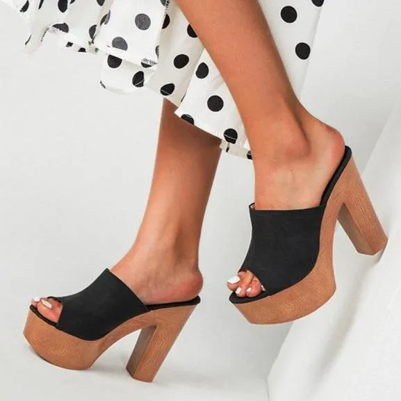 Women platform peep toe strap slip on chunky heels