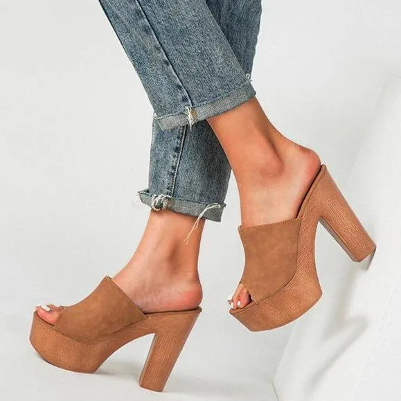 Women platform peep toe strap slip on chunky heels