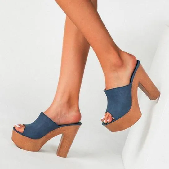 Women platform peep toe strap slip on chunky heels