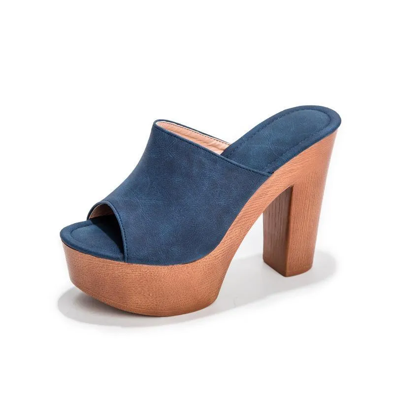 Women platform peep toe strap slip on chunky heels