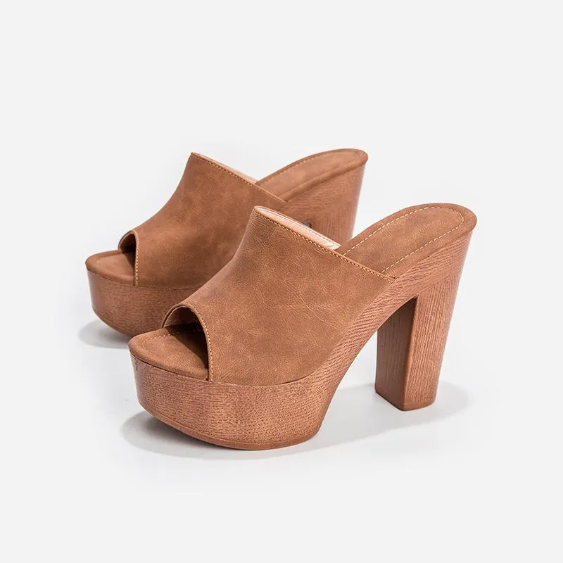 Women platform peep toe strap slip on chunky heels