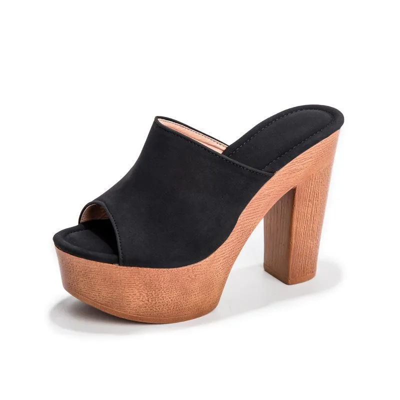 Women platform peep toe strap slip on chunky heels