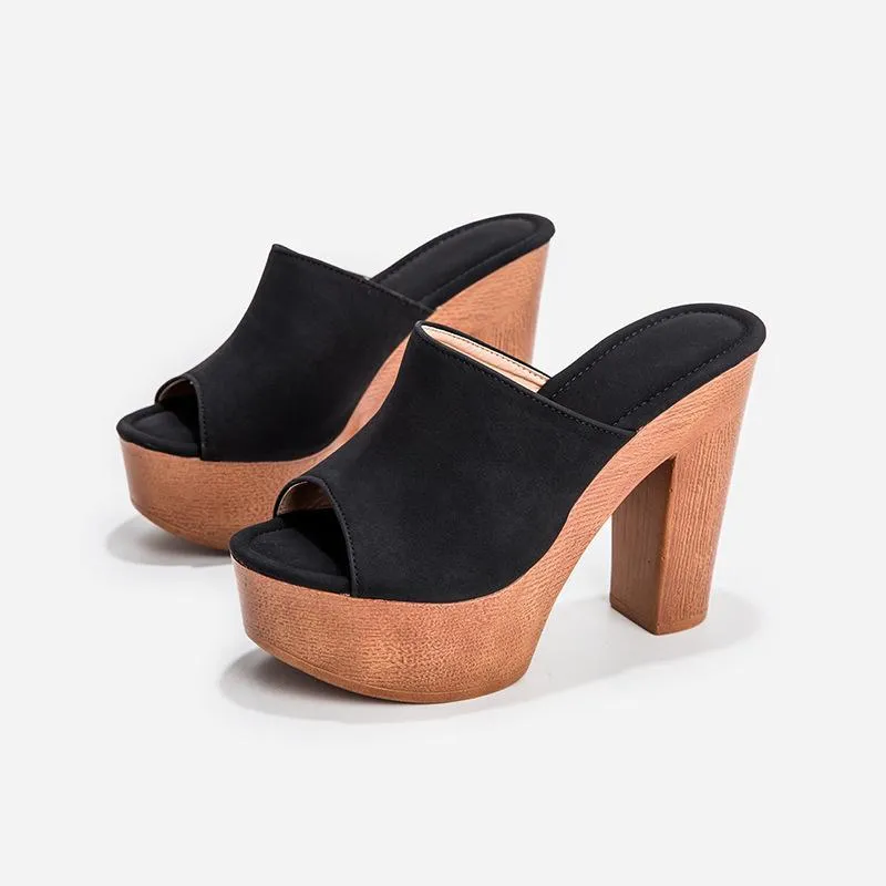 Women platform peep toe strap slip on chunky heels