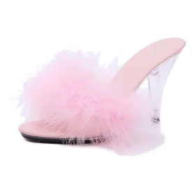 Women prom sexy fluffy peep toe slide clear chunky heels