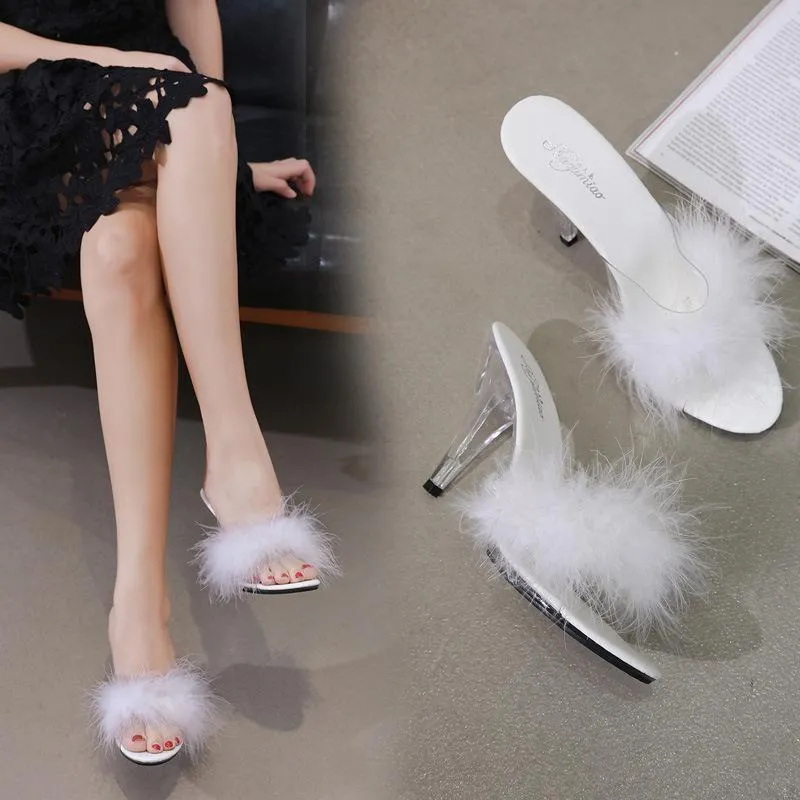 Women prom sexy fluffy peep toe slide clear chunky heels