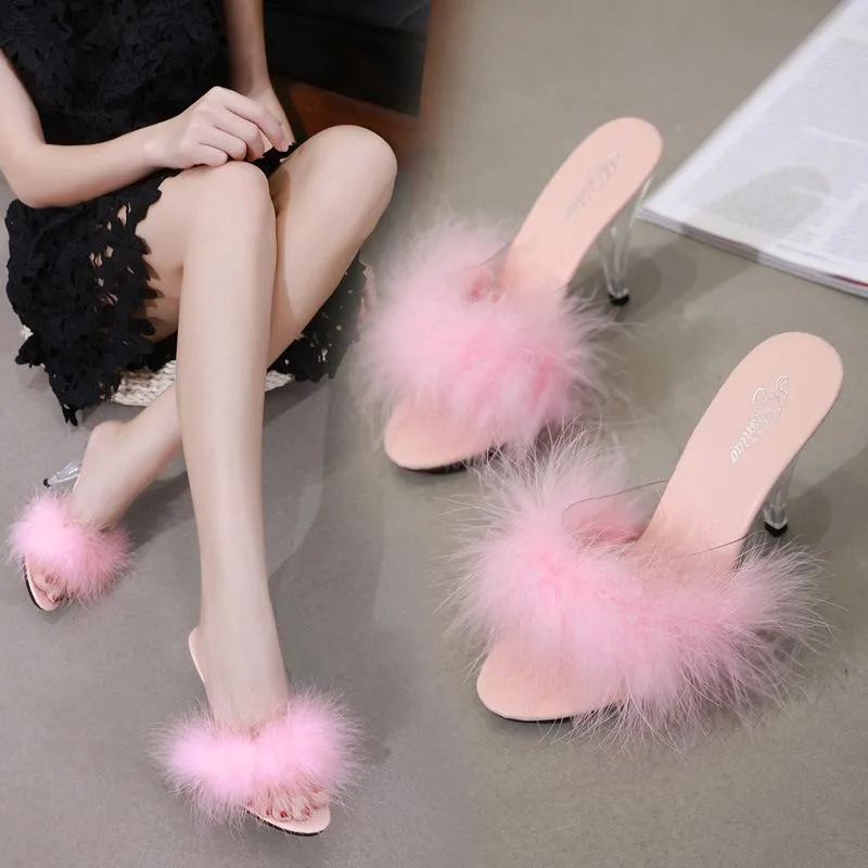 Women prom sexy fluffy peep toe slide clear chunky heels