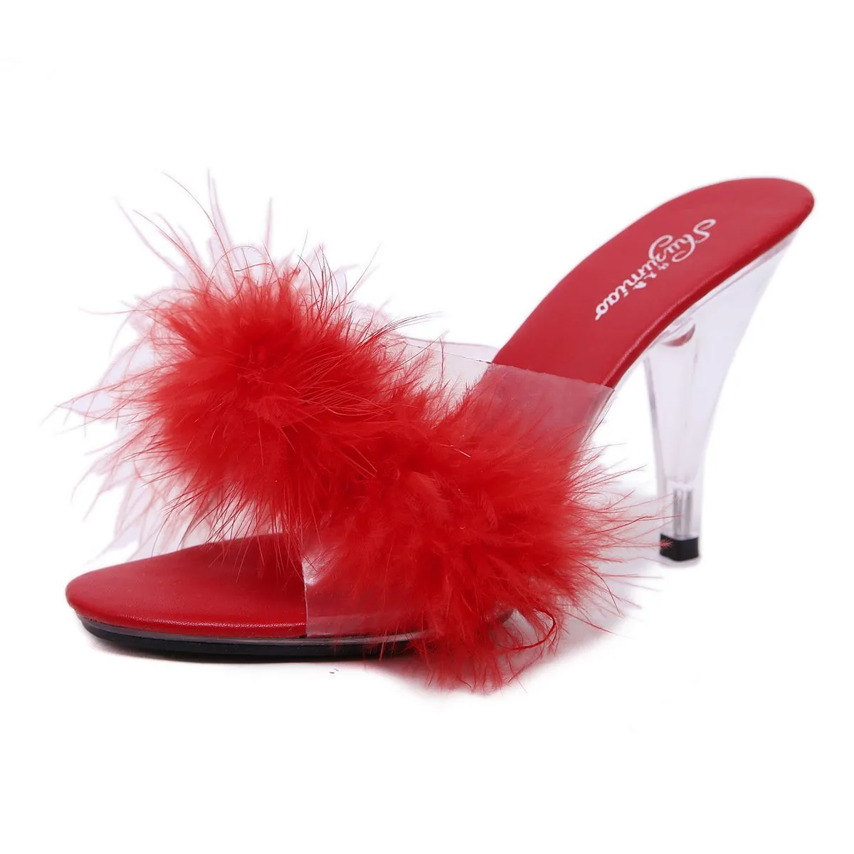 Women prom sexy fluffy peep toe slide clear chunky heels