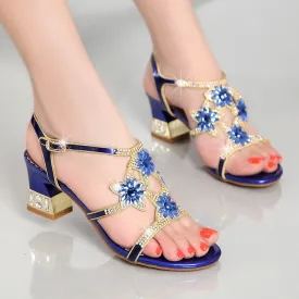 Women rhinestone flower hollow buckle open toe chunky ankle strap heels