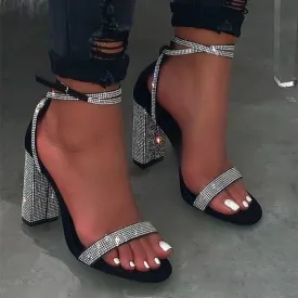 Women rhinestone sparkly ankle strap chunky sheels