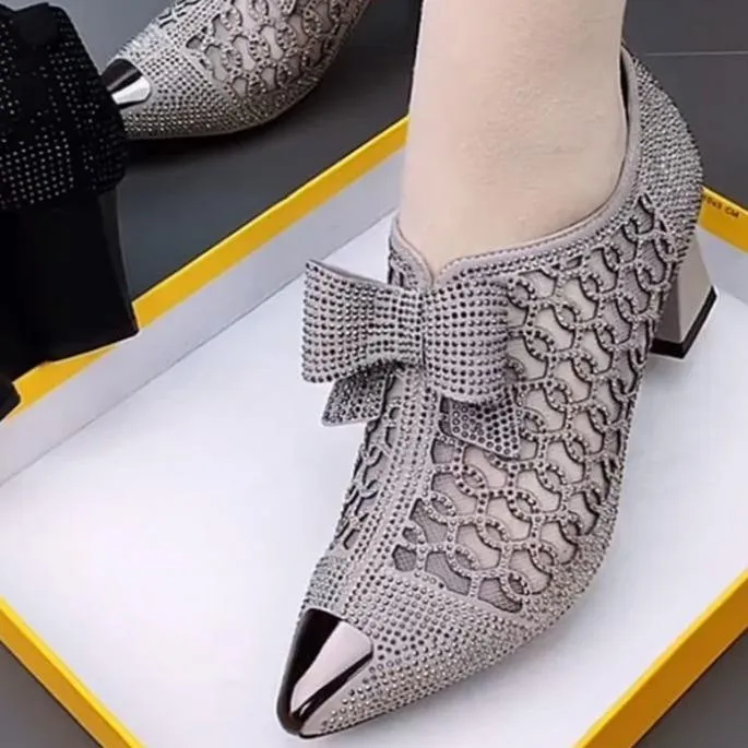 Women sequin pointed toe rhinestone bowknot ankle chunky heels