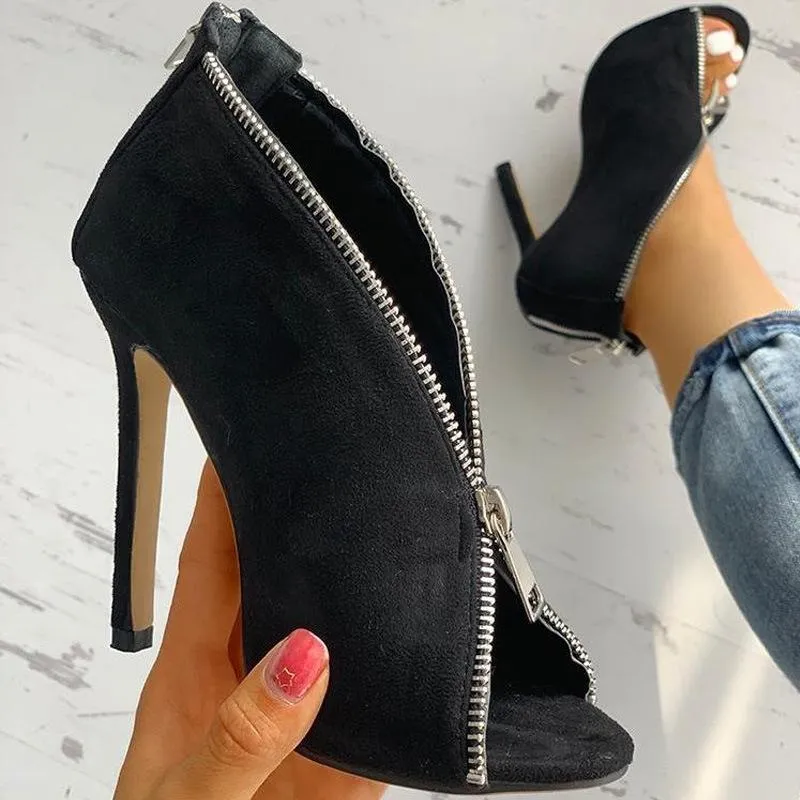 Women sexy peep front back zippers stiletto heels