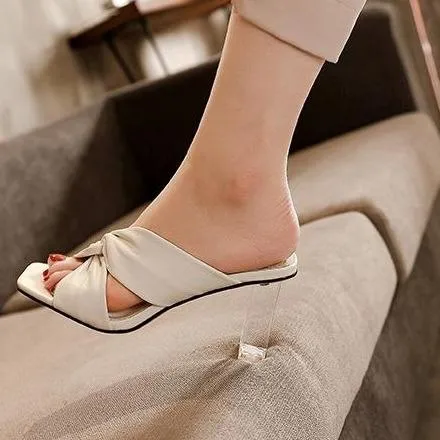 Women square peep toe bowknot slip on clear chunky heels