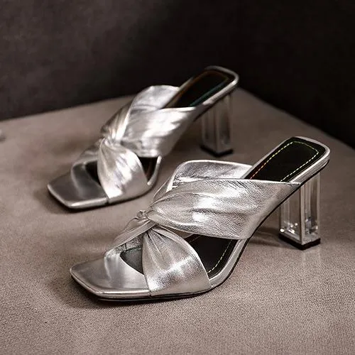 Women square peep toe bowknot slip on clear chunky heels