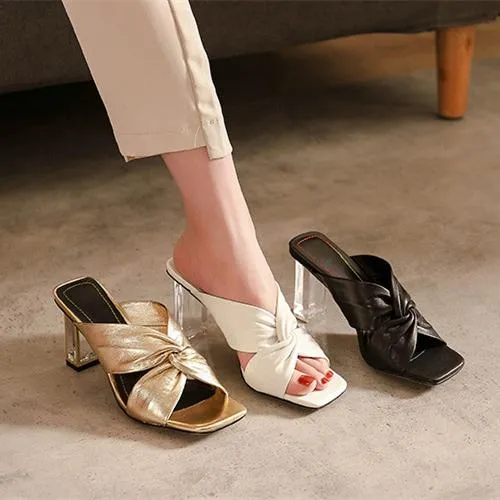 Women square peep toe bowknot slip on clear chunky heels