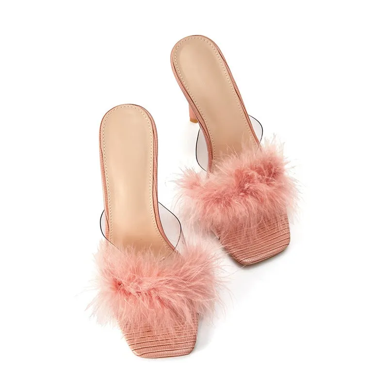 Women square peep toe faux fur slide stiletto heels