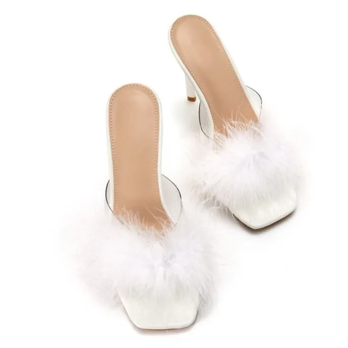 Women square peep toe faux fur slide stiletto heels