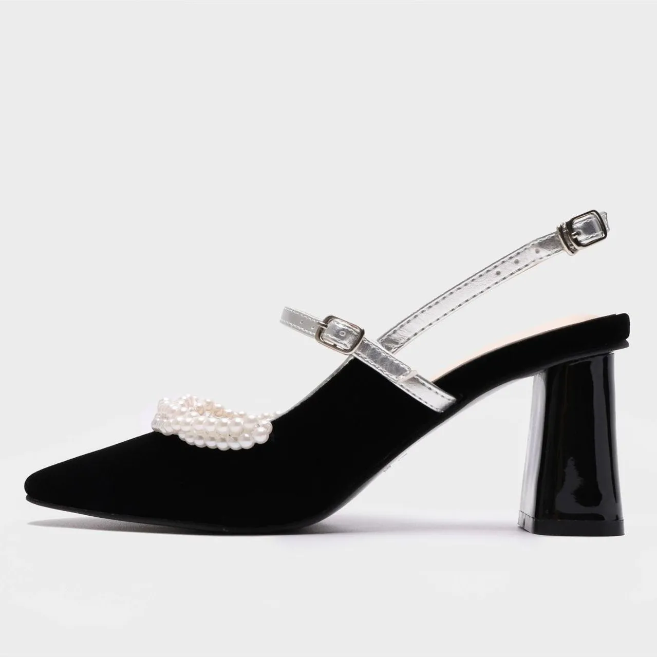 Women square toe ankle strap slingback rhinestone chunky heels