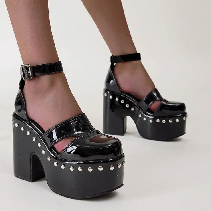 Women studded closed toe hollow balck chunky platform heels