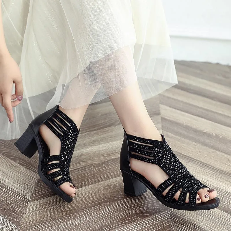 Women summer peep toe hollow back zipper chunky heels