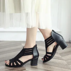 Women summer peep toe hollow back zipper chunky heels