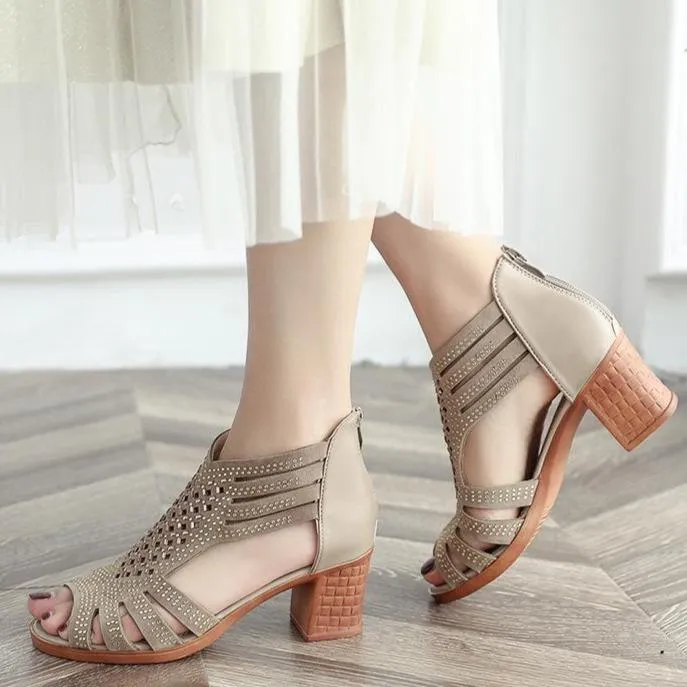 Women summer peep toe hollow back zipper chunky heels