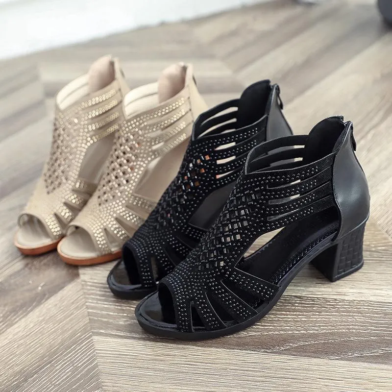 Women summer peep toe hollow back zipper chunky heels