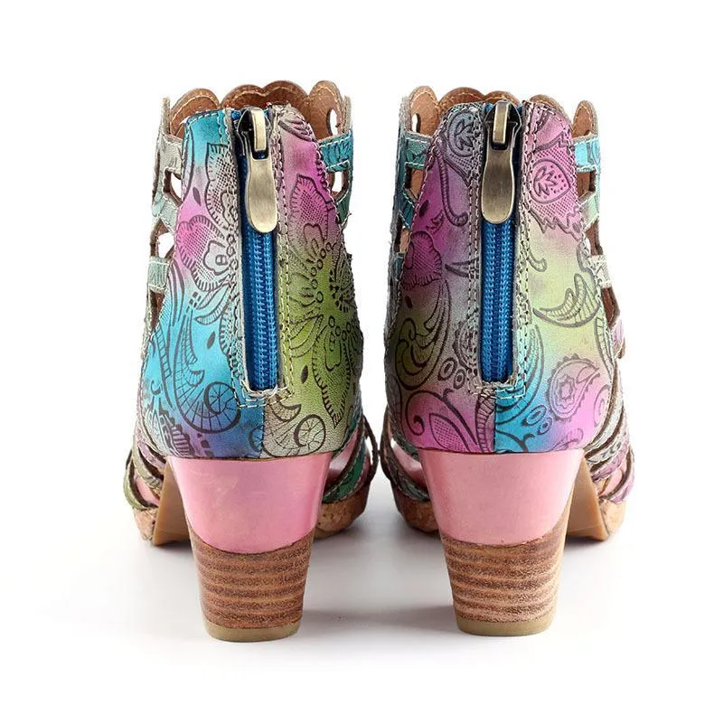 Women vintage hollow flower peep toe back zipper chunky heeled boots