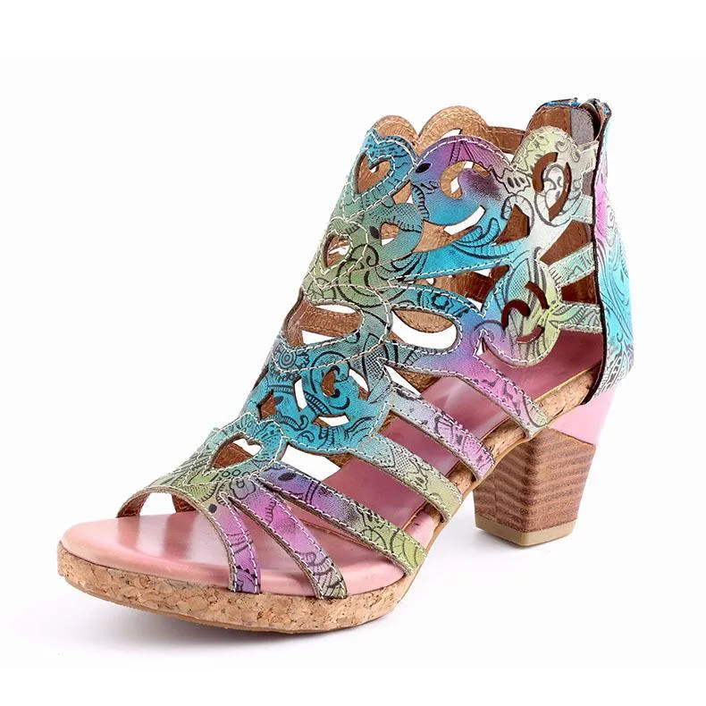 Women vintage hollow flower peep toe back zipper chunky heeled boots