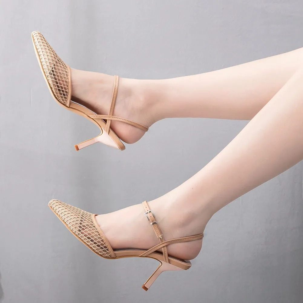 Women wedding pointed toe hollow buckle strap slingback stiletto heels