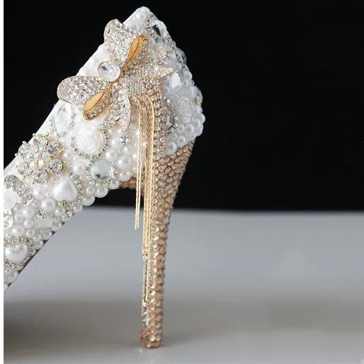 Women white rhinestone bowknot fringe gold stiletto wedding heels