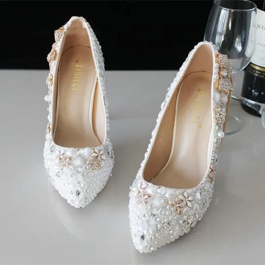 Women white rhinestone bowknot fringe gold stiletto wedding heels