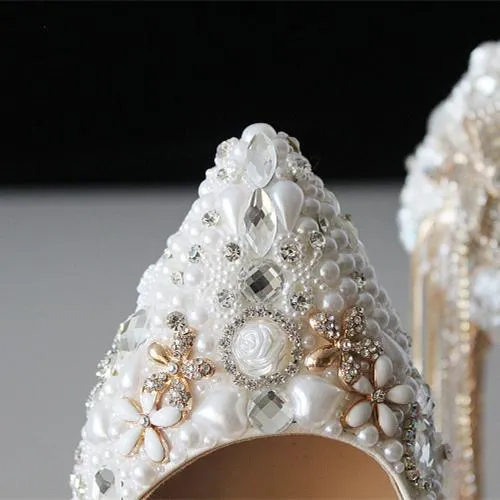 Women white rhinestone bowknot fringe gold stiletto wedding heels