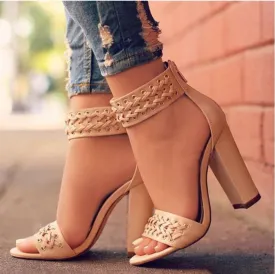 Women woven peep toe side cut back zipper chunky high heels