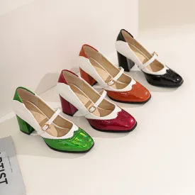 Women's Color Block Square Toe Block Heels Mary Jane Pumps