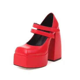 Women's Double Strap Chunky Heel Platform Pumps