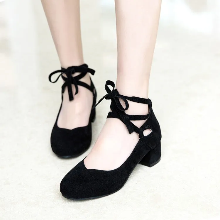 Women's Flock Shallow Round Toe Crossed Strap Block Heel Pumps