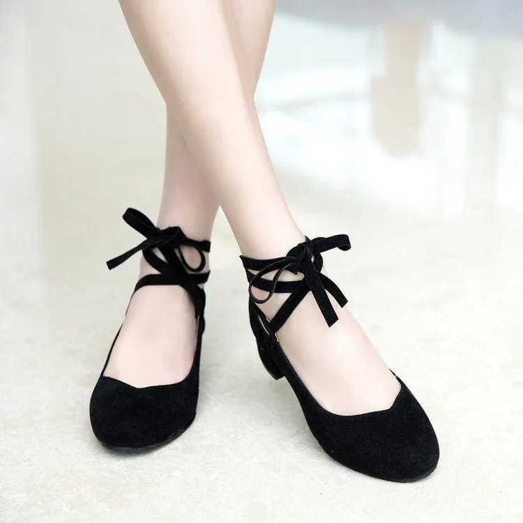 Women's Flock Shallow Round Toe Crossed Strap Block Heel Pumps