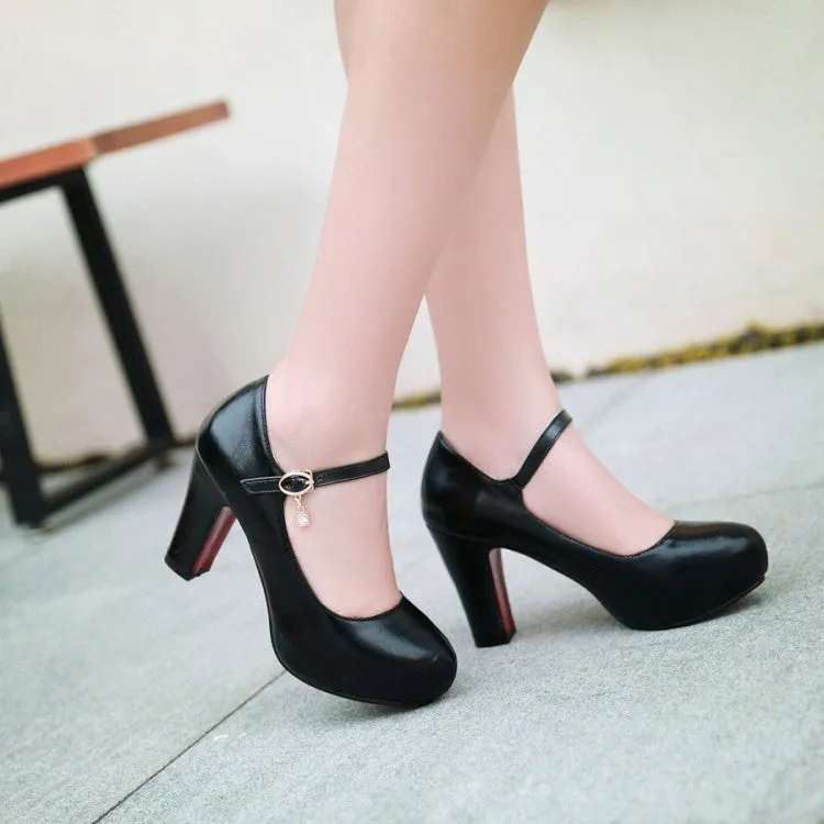 Women's Glossy Almond Toe Chunky Heels Mary Jane High Heel Platform Pumps