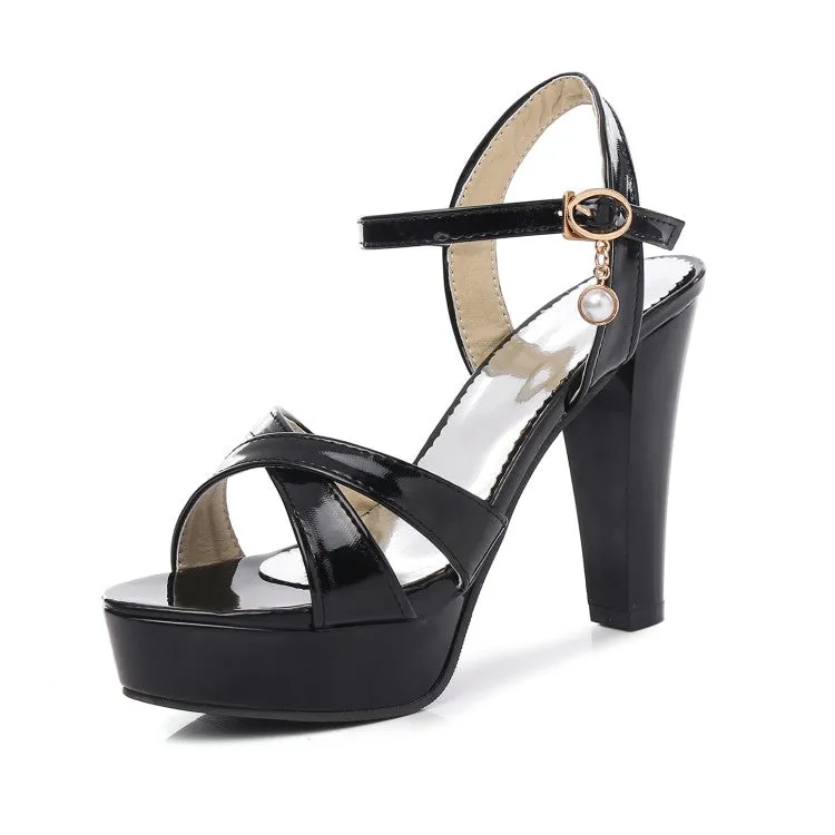 Women's High Heeled Glossy Chunky Heel Peep Toe Buckle Platform Sandals