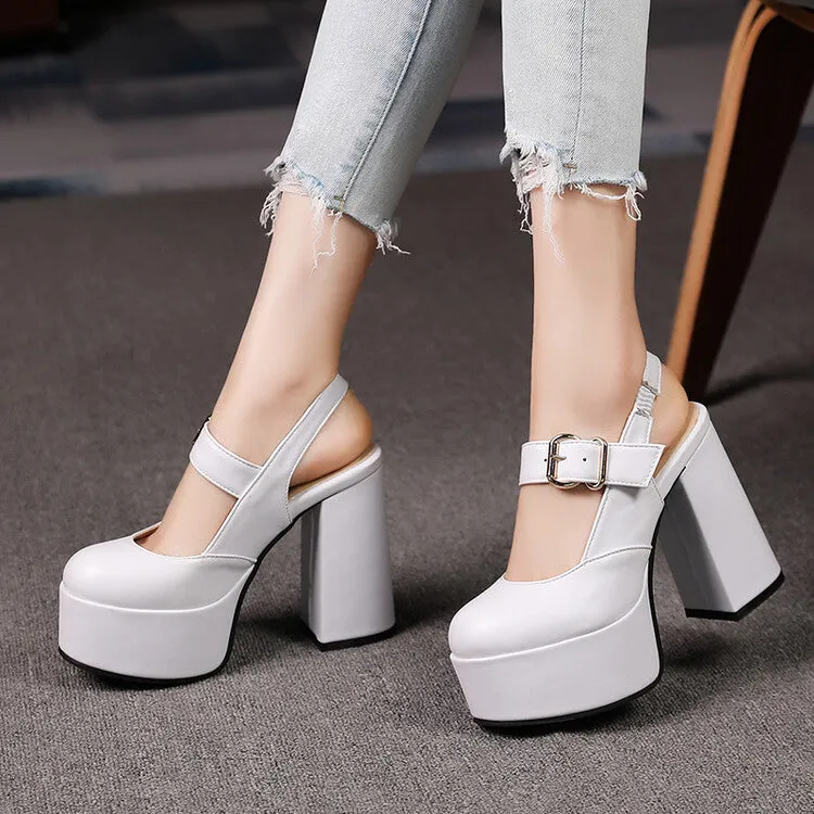 Women's High Heeled Slingback Round Toe Buckle Chunky Heel Platform Sandals