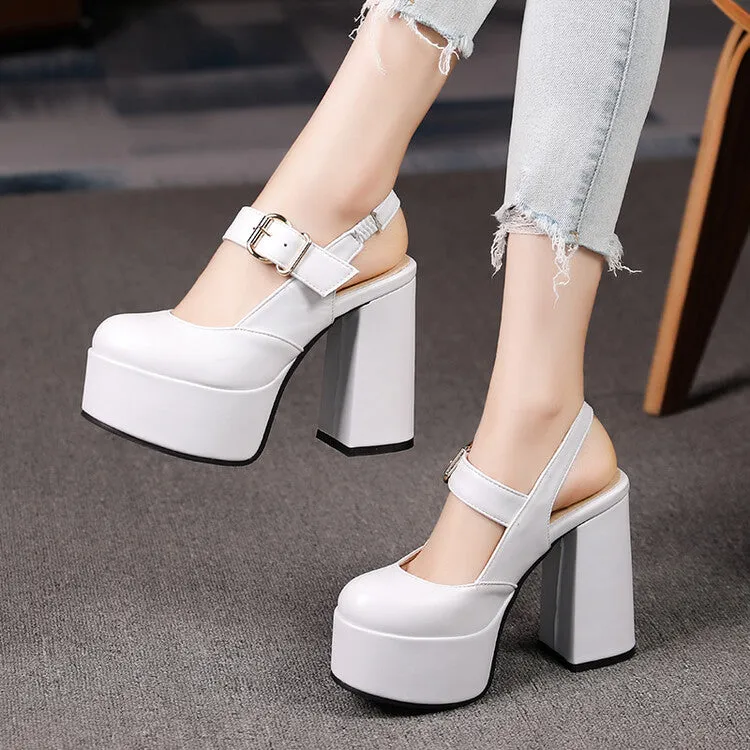 Women's High Heeled Slingback Round Toe Buckle Chunky Heel Platform Sandals