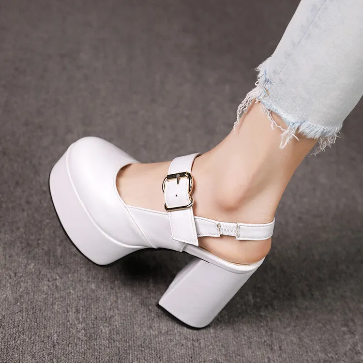 Women's High Heeled Slingback Round Toe Buckle Chunky Heel Platform Sandals