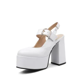 Women's High Heeled Slingback Round Toe Buckle Chunky Heel Platform Sandals