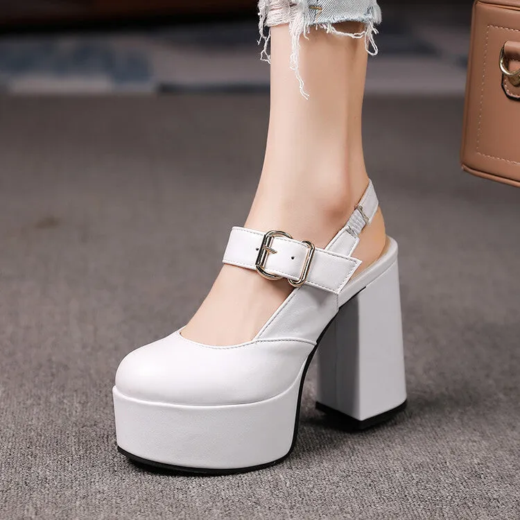 Women's High Heeled Slingback Round Toe Buckle Chunky Heel Platform Sandals