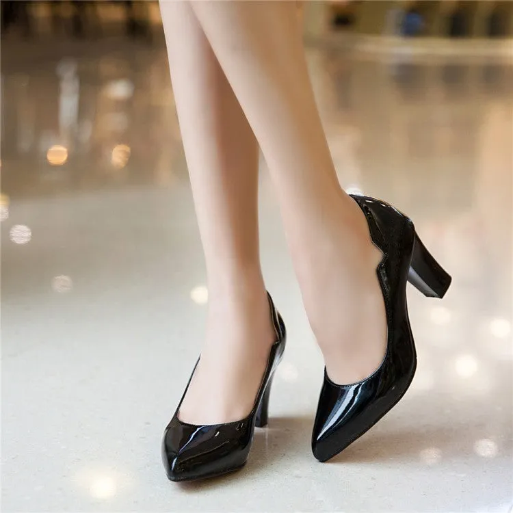 Women's Pointed Toe Patent Leather Block Heels Pumps