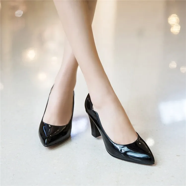 Women's Pointed Toe Patent Leather Block Heels Pumps